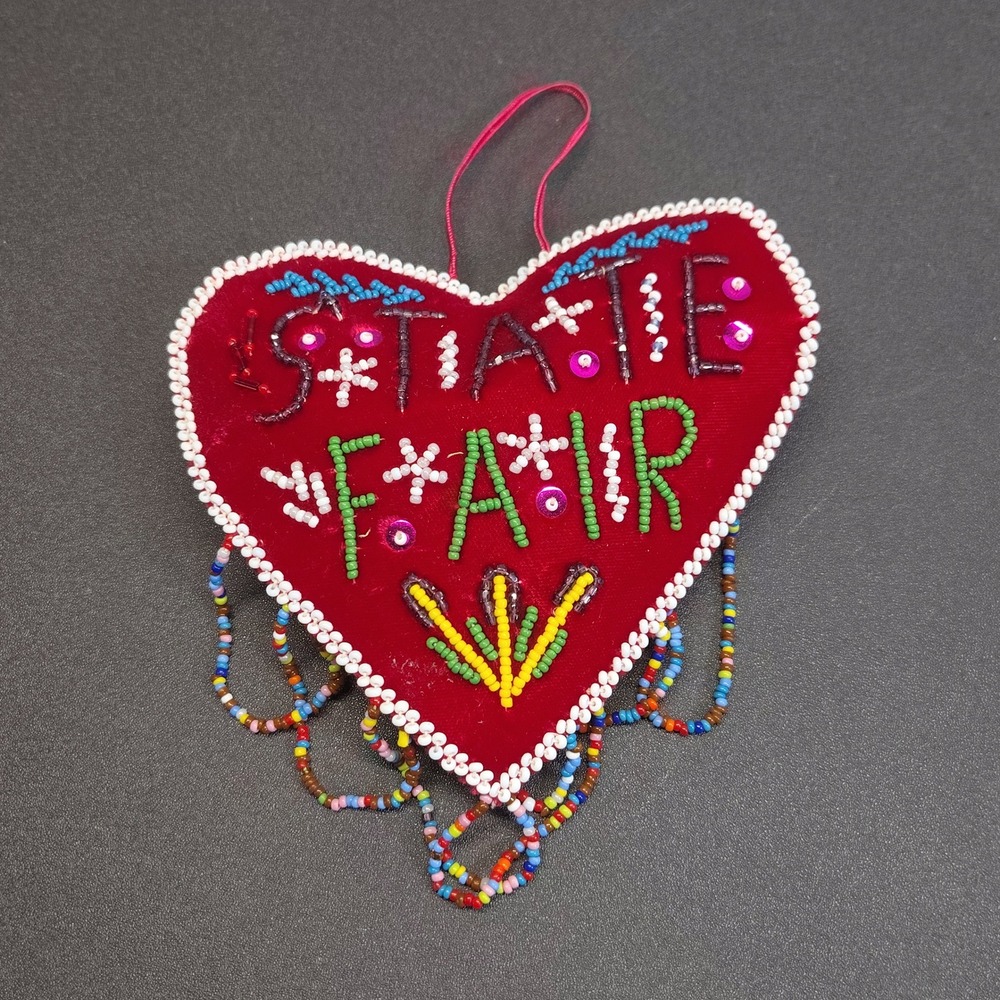 Vintage Beaded Heart Ornament Red State Fair Souvenir Folk Art
